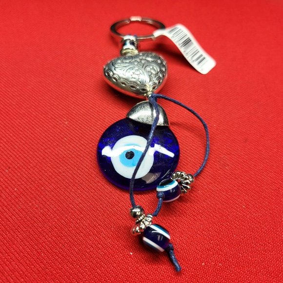Keychain Key Ring Blue Glass Evil Eye Puffy Heart Silver Tone Metal Etched - Picture 5 of 11